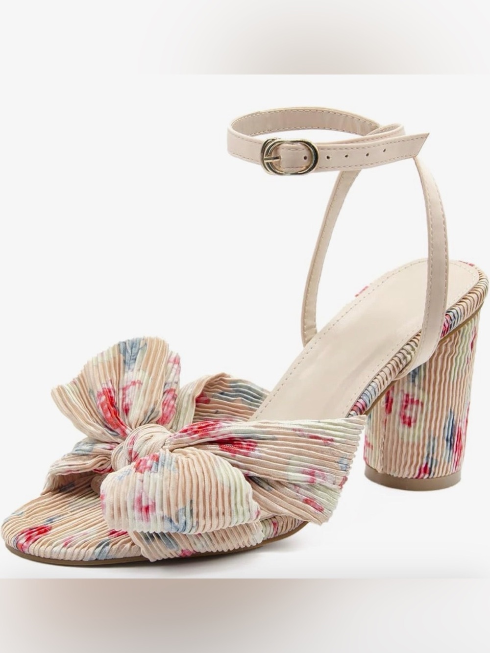 Floral Bow Block Heel Sandals - Beige Multi 3.15”